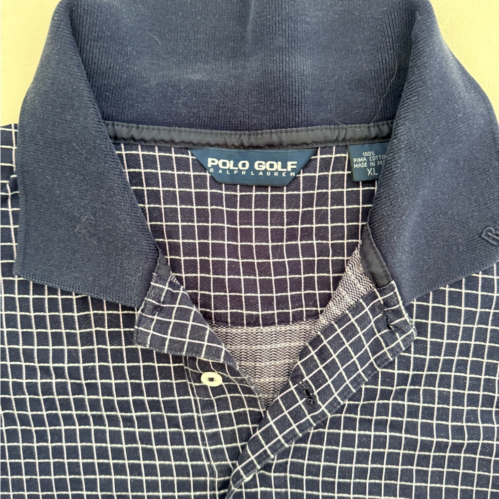 VTG Polo Golf Ralph Lauren Men’s XL Navy Blue White Plaid Check Short Sleeve